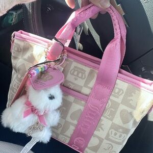 Juicy Couture Beige Pattern Pet Tote with Pink Trim and Plush Charm